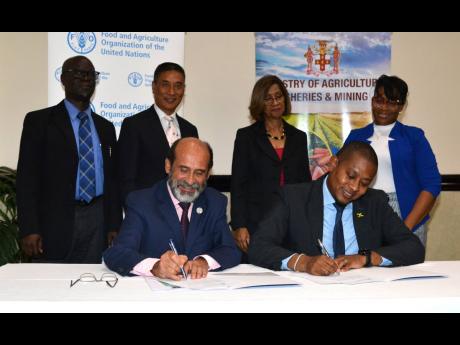 Dr Crispim Moreira (seated, left), FAO representative for Jamaica, The Bahamas and Belize, signs a contract with Minister of Agriculture, Fisheries and Mining Floyd Green during the launch of the Rural Livelihoods through Resilient Agrifood Systems launch 