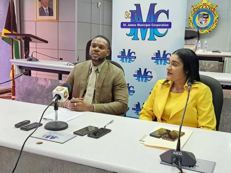 Montego Bay Deputy Mayor Richard Vernon (left) and Naudia Crosskill, chief executive officer of the St James Municipal Corporation, addressing a press conference following the corporation’s monthly meeting on Thursday.