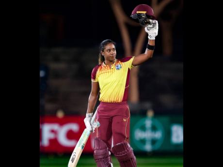 West Indies Women’s captain Hayley Matthews celebrates scoring a century during a world record T20I run chase against Australia Women at the North Sydney Oval recently.