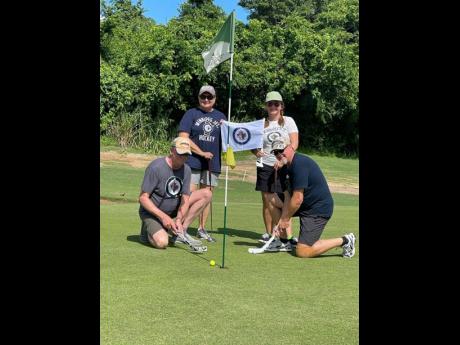 Team 6, repping for the Winnipeg Jets, standing, from left, are Belinda van Oeveren and Jacqui Mosiondz. Kneeling, from left, are Sid Oeveren and Barry Mosiondz. The quartet taking part in the 2023 Baxter Canadian Travel Advisors Golf Tournament are from F