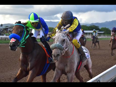 I REALISE (left), ridden by Tevin Foster, wins the second running of the Bridge 99FM Cup over seven furlongs at Caymanas Park on September 30. At right is RAINSVILLE (Javaneil Patterson) who placed second.   