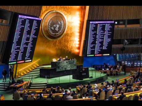 
Results are displayed as the UN General Assembly voted for a non-binding resolution calling for a “humanitarian truce” in Gaza and a cessation of hostilities between Israel and Gaza’s Hamas rulers.