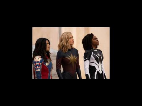 From left: Iman Vellani as Ms Marvel, Brie Larson as Carol Danvers aka Captain Marvel, Teyonah Parris as Captain Monica Rambeau in ‘The Marvels’.
