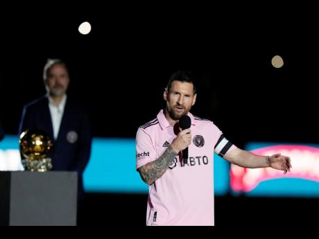 Inter Miami forward Lionel Messi speaks during a ceremony honouring his Ballon d’Or trophy, before the team’s club friendly football match against New York City FC on November 10.