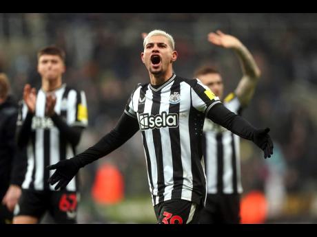 AP 
Newcastle United’s Bruno Guimaraes celebrates victory after the final whistle in the English Premier League football match against Manchester United at St James’ Park, Newcastle, England, yesterday.