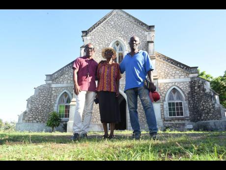 Reverend Wendell McKoy (left), pastor of the Salem United Church in Islington, St Mary; May Elizabeth Neil (centre), life elder; and caretaker David Thompson in front of the church, which is celebrating its 150th anniversary.