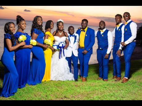 As the sun sets, the Coleman wedding party shines bright in vibrant hues of yellow and cobalt blue. 
