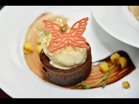 Mixing sweet and spicy all on a beautiful platter is this Gold Leaf Chocolate Fondant Timbale. 