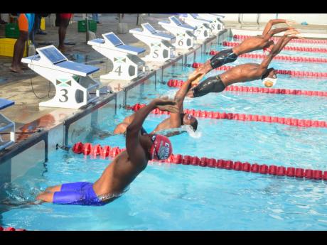 High school swimmers in action at a Mayberry Investments-sponsored all-island swim meet at the National Aquatic Centre, National Stadium.