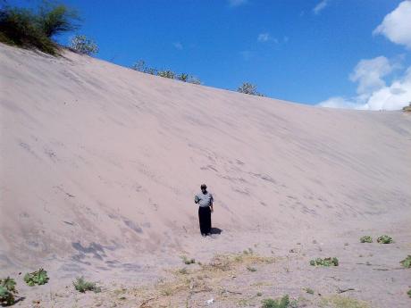 
In this 2013 Gleaner file photo, a man stands below one of the largest and highest sand dunes in Jamaica, which is located at Alligator Pond in Manchester. Environmentalists have pointed to the key role the sand dunes play in buffering the area against se
