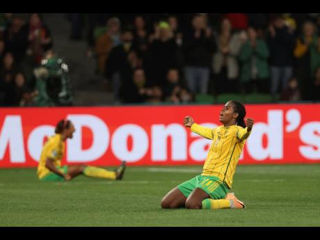 Jamaica’s Khadija Shaw (right) celebrates after the Women’s World Cup Group F match between Jamaica and Brazil in Melbourne, Australia, Wednesday, August 2, 2023. The game ended in a 0-0 draw.