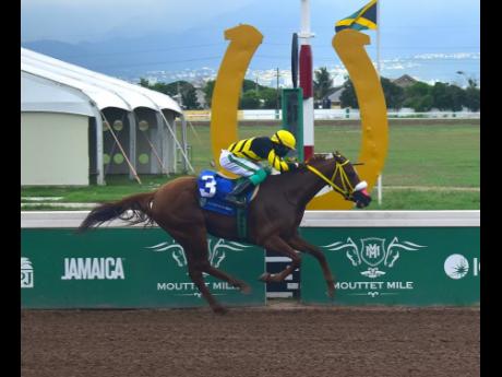 ATOMICA, ridden by Dane Dawkins, wins the  fourth running of the Ian Levy Cup for Grade One horses over 7-1/2 furlongs at Caymanas Park yesterday.