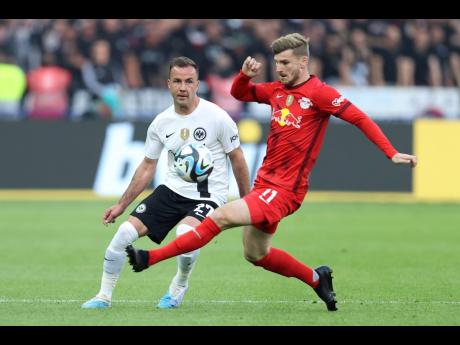 Leipzig’s Timo Werner (right) challenges for the ball with Eintracht Frankfurt’s Mario Goetze during the German football cup, DFB Pokal, final match at Olympiastadion in Berlin, Germany on June 3, 2023. 