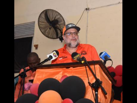 Opposition Leader Mark Golding addresses People’s National Party (PNP) supporters during a meeting at The Manning’s School in Savanna-la-Mar, Westmoreland, on Sunday. The meeting was held to present the PNP’s candidates for the upcoming local governm