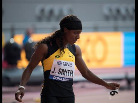 Jonielle Smith moments after competing in the women 100 metres at the  2019 IAAF World Athletic Championships at the Khalifa International Stadium in Doha on September 23, 2019. 