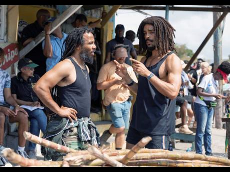 Ziggy Marley (left) and Kingsley Ben-Adir on the set of ‘Bob Marley: One Love’.