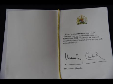From King Charles III and his wife, Queen Consort Camilla, to Alberta Campbell-Malcolm on her 100th birthday celebrations, a postcard wishing her a happy birthday.