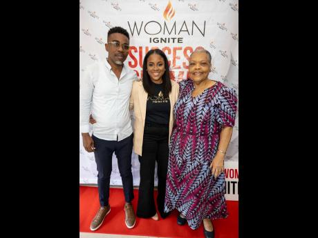 Woman Ignite Success Summit Founder Keneshia Nooks Blake (centre) received support from her entrepreneur husband Dailion Blake (left) and Jamaica Business Development Corporation Chief Executive Officer Valerie Veira at the launch of the 2024 Woman Ignite 