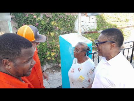 Ingrid Lachish speaks with PNP President Mark Golding (second left), Phillip Paulwell (right), member of parliament for East Kingston and Port Royal, and Shawn McGregor, candidate for the Rae Town division. 