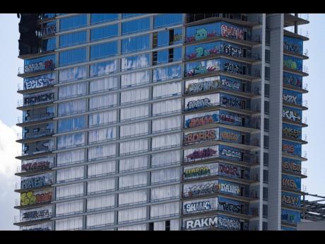An unfinished high-rise development in the downtown entertainment district that has become the target of graffiti taggers who have struck dozens of floors is seen in Los Angeles 