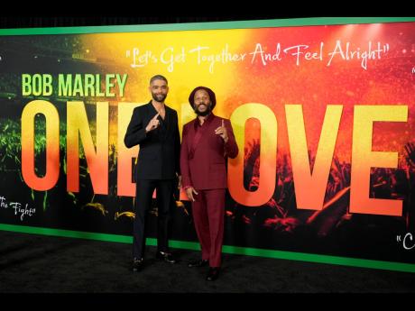 Kingsley Ben-Adir, left, the star of ‘Bob Marley: One Love’, poses with Marley’s son Ziggy at the premiere of the film, on February 6,  in Los Angeles.