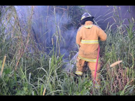 A firefighter dousing flames as a fire rages in the Negril Great Morass on Thursday.