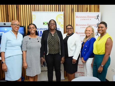Her Excellency Marianne Van Steen (second right), EU Ambassador to Jamaica, pause for a photo-op with Minister of Education and Youth, Fayval Williams (left); State Minister in the Minister of National Security, Juliet Cuthbert Flynn (right); and principal