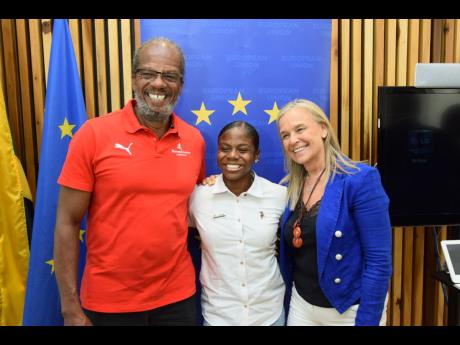 Her Excellency Marianne Van Steen (right), EU Ambassador to Jamaica, shares lens time with Olympian Megan Tapper, who has been named the race patron for the EU-JA 5K &10K run, and Running Events Jamaica director Alfred ‘Frano’ Francis. 