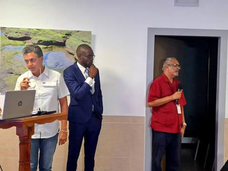 From left: Vivian Gordon, the project manager for the ongoing rehabilitation work at the Cornwall Regional Hospital; Oral Heaven, the president of the Montego Bay Chamber of Commerce and Industry (MBCCI); and Dr Delroy Fray, the clinical coordinator for th