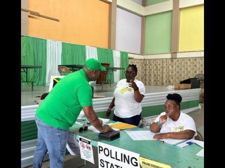 Incumbent JLP Councillor Dwight Crawford of the Spring Garden division in St James casting his vote at the Holy Trinity Anglican Church in Westgate.