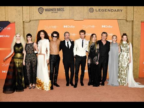 Anya Taylor-Joy, from left, Souheila Yacoub, Zendaya, Timothee Chalamet, Denis Villeneuve, Austin Butler, Rebecca Ferguson, Florence Pugh and Lea Seydoux attend the premiere of ‘Dune: Part Two’ at Lincoln Center Plaza in New York. 