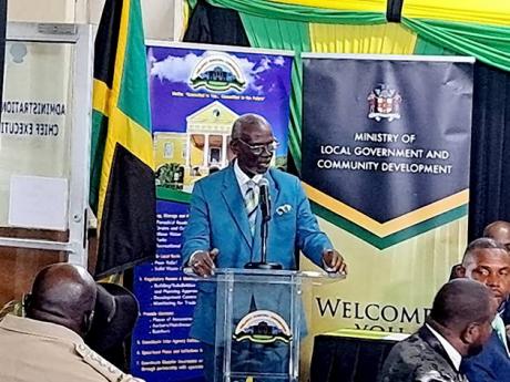 Local Government Minister Desmond McKenzie addressing the swearing-in ceremony for the councillors of the Trelawny Municipal Corporation, held at the corporation’s headquarters in Falmouth in the parish on Thursday.