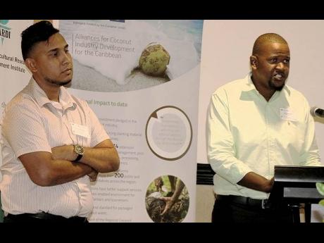 Ravindra Singh (left), field extension officer at Hope Coconut Industries Limited (HCIL), looks on as Eusi Simpson, Guyana Caribbean Agricultural Research and Development Institute (CARDI) coconut technician, makes a presentation as the five-day regional c