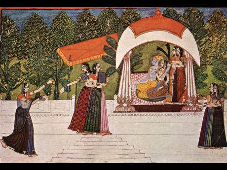 A painting depicting Radha and Krishna in a pavilion