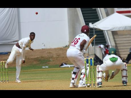 
Jamaica Scorpions spinner Peat Salmon bowls to Leeward Islands Hurricanes batter Justin Greaves during their West Indies Championship game at Sabina Park, which concluded yesterday.