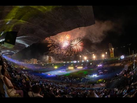 This 2023 photos shows fireworks at ISSA/GraceKennedy Boys and Girls Champs at National Stadium in St Andrew. 