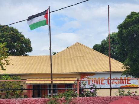 The Palestinian flag raised at the People’s National Party’s Old Hope Road, St Andrew headquarters. 