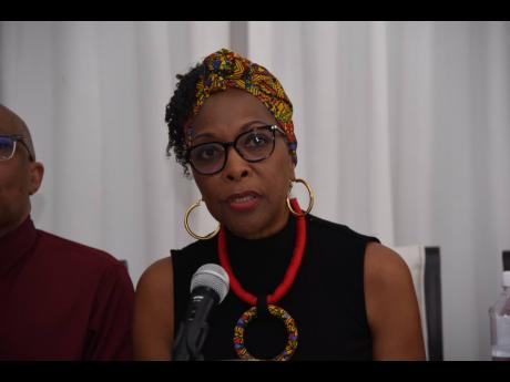 Professor Rosalea Hamilton, director at the Institute of Law and Economics, making a statement during yesterday’s Advocates Network Civil Society Post-Budget governance press conference, held at the Spanish Court Hotel in New Kingston.