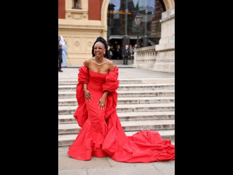 English actress and singer Beverley Knight, who is of Jamaican descent, stunned in a voluminous, off-the-shoulder red gown.