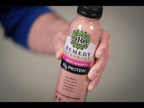 A Remedy Organics plant-based shake with prebiotics, lion’s mane, and other ingredients, is shown on Wednesday, April 10, 2024, in New York. The frenzy of functional beverages – drinks designed to do more than just taste good or hydrate – has grown i