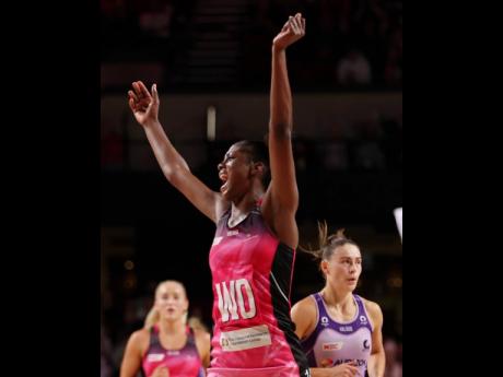 Sunshine Girls’ Latanya Wilson reacts during a Suncorp Super Netball League match between her Adelaide Thunderbirds and the Queensland Firebirds at the Adelaide Entertainment Centre on Saturday.