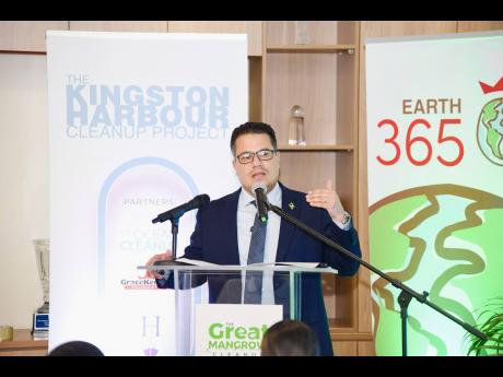 Matthew Samuda, minister without portfolio in the Ministry of Economic Growth and Job Creation, speaking at the Great Mangrove Cleanup media launch on Monday at the GraceKennedy headquarters in Kingston.