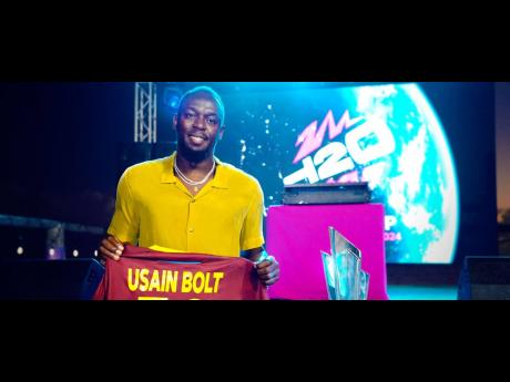 Usain Bolt shows off his ICC T20 World Cup jersey.