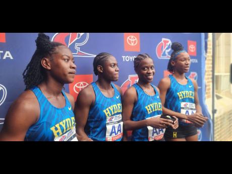 Members of the Hydel High sprint relay team who won the Championship of America 4x100 metres at the Penn Relays yesterday. From left:  Shania Myers, Shemonique Hazle, Jody-Ann Daley, and Alliah Baker. 
