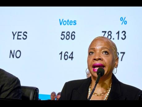 
Bishop Tracy Smith Malone surveys the results of a delegate vote in favor of a worldwide regionalisation plan as she presides over a legislative session of the 2024 United Methodist General Conference in Charlotte, NC, on April 25. The proposal needed a t
