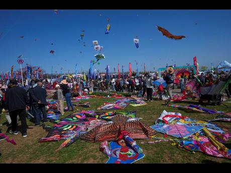 Kites lie on the ground during the 41st International Kite Festival .