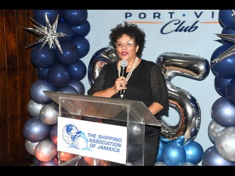 President of the Shipping Association of Jamica, Corah Ann Robertson-Sylvester addresses invitees to the association’s Members’ Mingle on Friday, April 26.