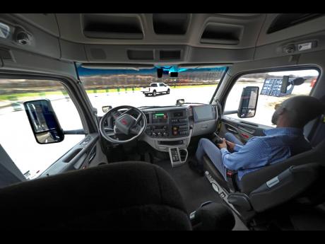 The interior of the cab of a self-driving truck is shown as the truck manoeuvres around a test track in Pittsburgh on Thursday, March 14, 2024.