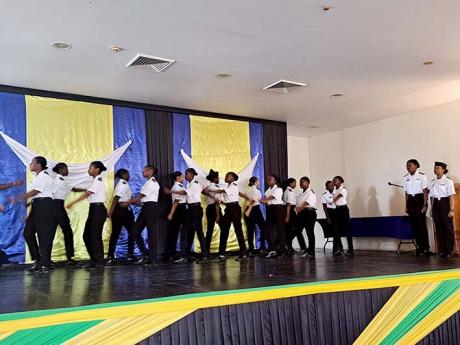 Members of the Montego Bay High School for Girls’ cadet corps perform a drill exercise during the Ocean Blue Jamaica Marine Corps’ inaugural award ceremony for graduating cadets, held at the Montego Bay Cultural Centre in Montego Bay, St James on Tuesd