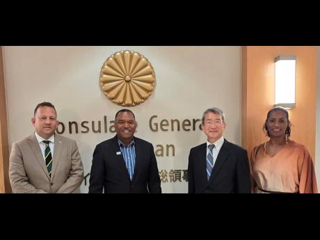 From left, Consul General, Jamaica to Southern USA, Oliver Mair; Steve Higgins; Japan’s Consul General to Miami, Kazuhiro Nakai; and Marie Chambers-Hodgson of Steve Higgins Productions.